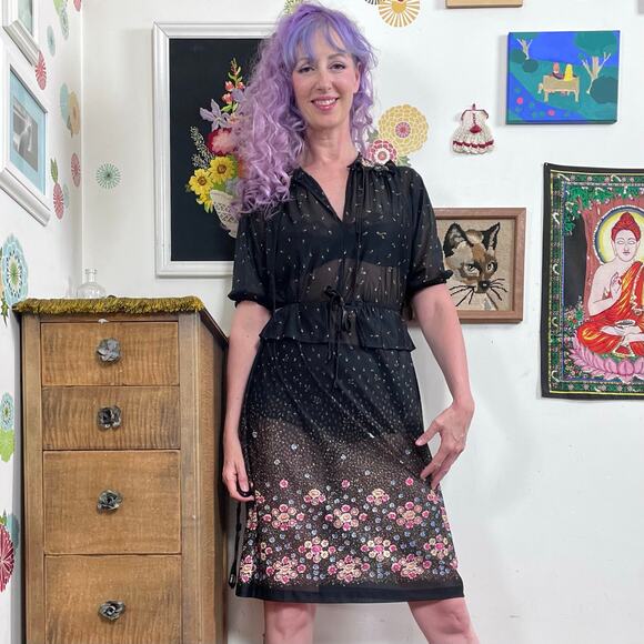 Vintage Dresses & Skirts - Vintage Sheer Black Floral Dress, 1970s Bohemian Fairycore Flower Print, Sz S